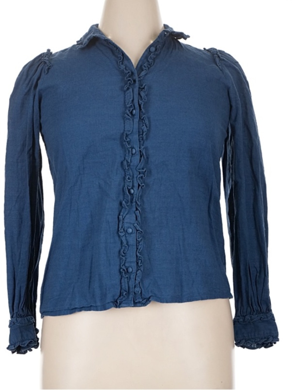 Sezane MacKenzie Blue Maquis Ruffle Puff Sleeve Button Down Blouse - Picture 2 of 9
